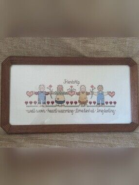 Friendship Cross Stitch Framed with Muted Pastel Figures